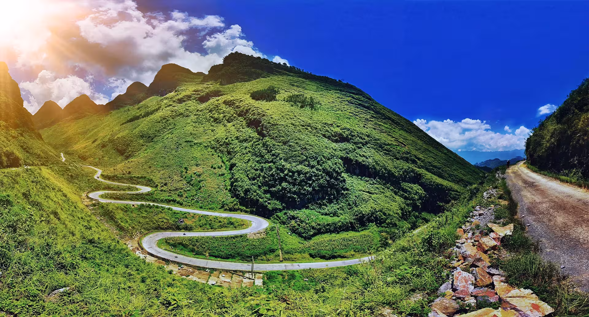 Lush karst mountains and terraced valley in Ha Giang